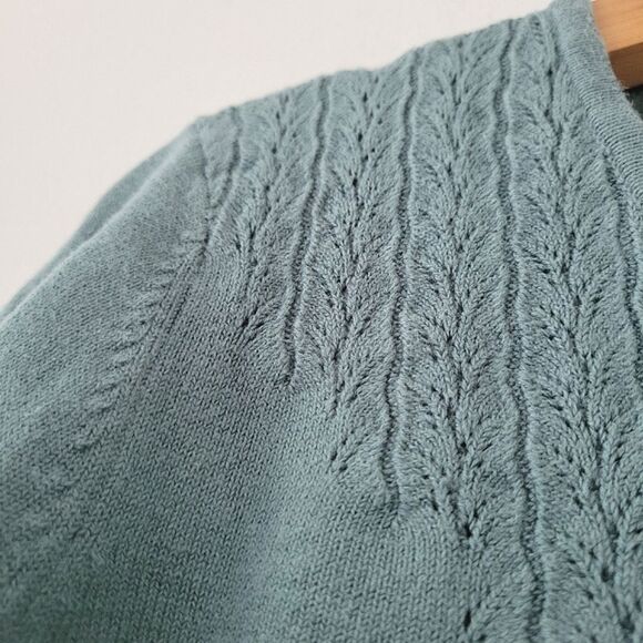 Ann Taylor Blue Cotton Blend Sweater Pointelle Yoke Large Petite - Picture 4 of 9